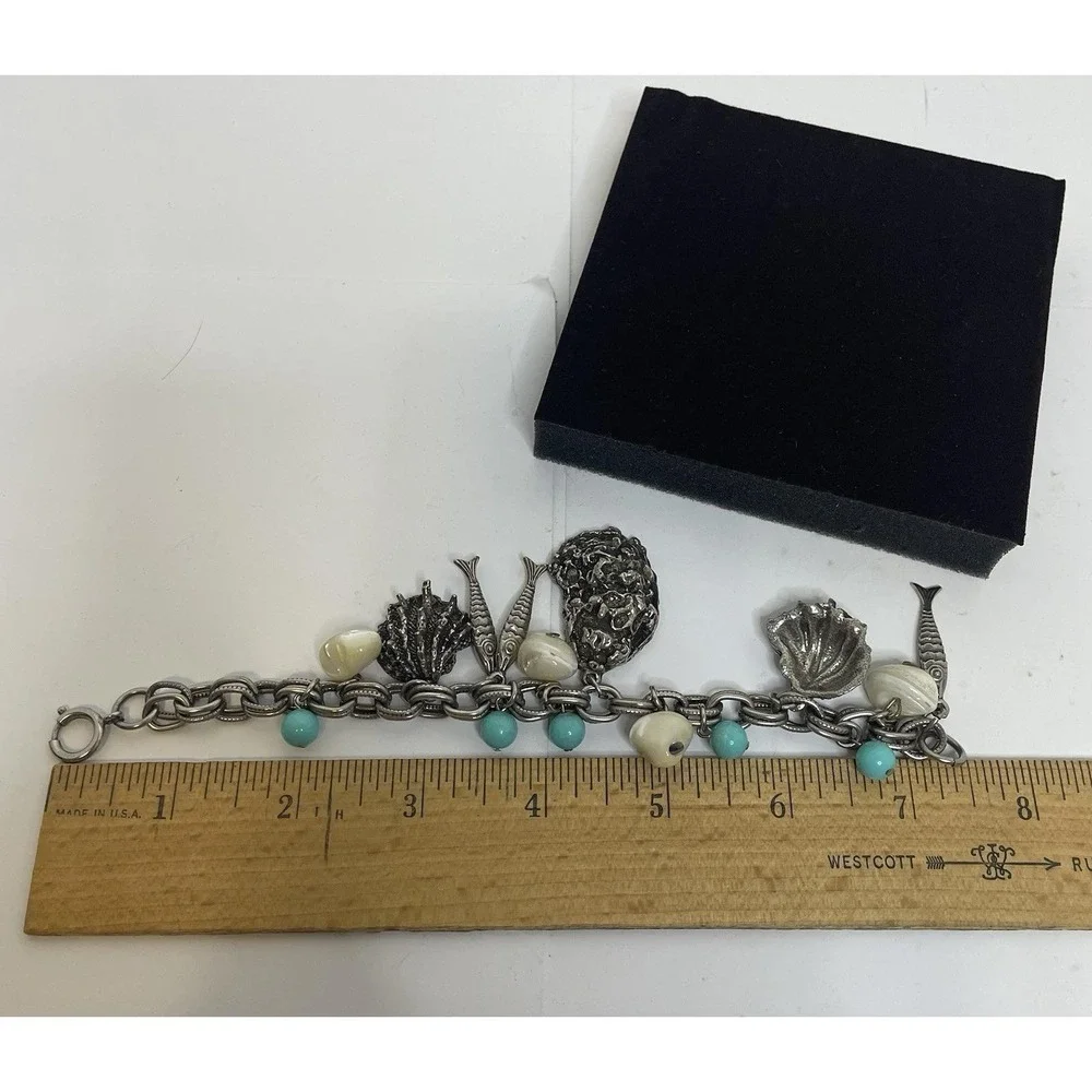 Vtg. German Seashell Charm Bracelet Silver Tone 7